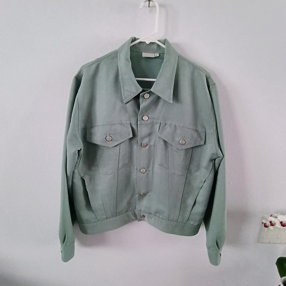 Match USA Cropped Trucker Jacket Sage Green Snap Front Vintage Womens S